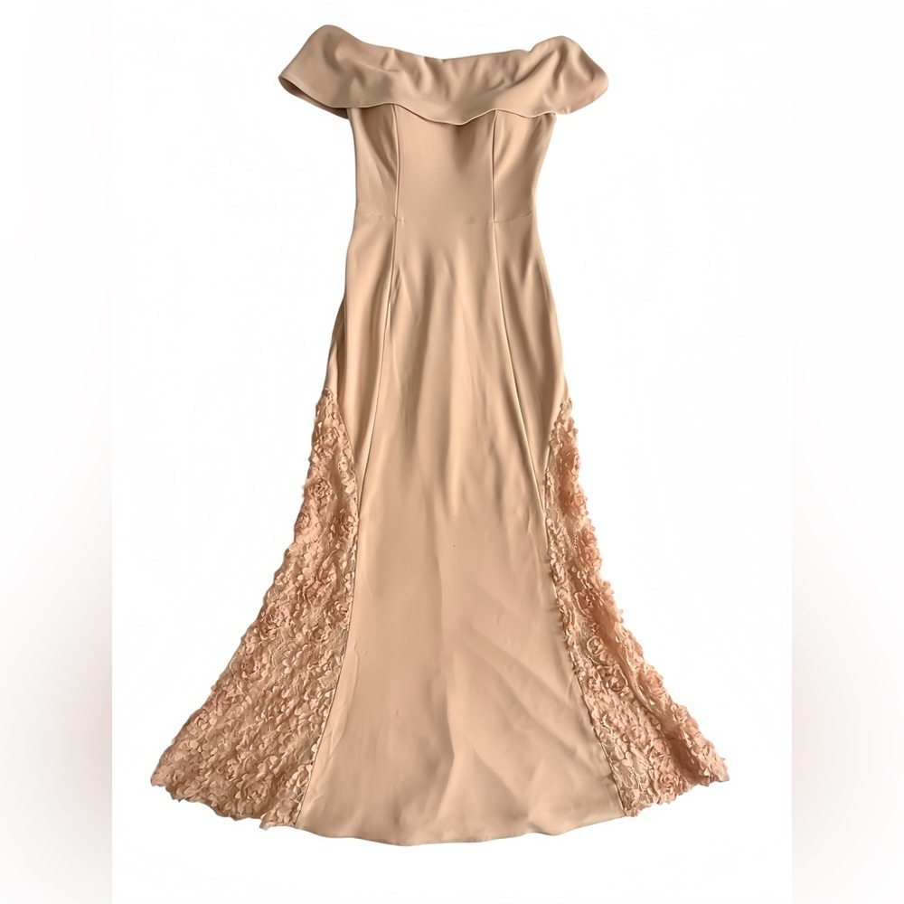 Betsy & Adam Bardot Off Shoulder Mermaid Gown 4 Blush Pink Lace Formal Dress - Picture 7 of 14